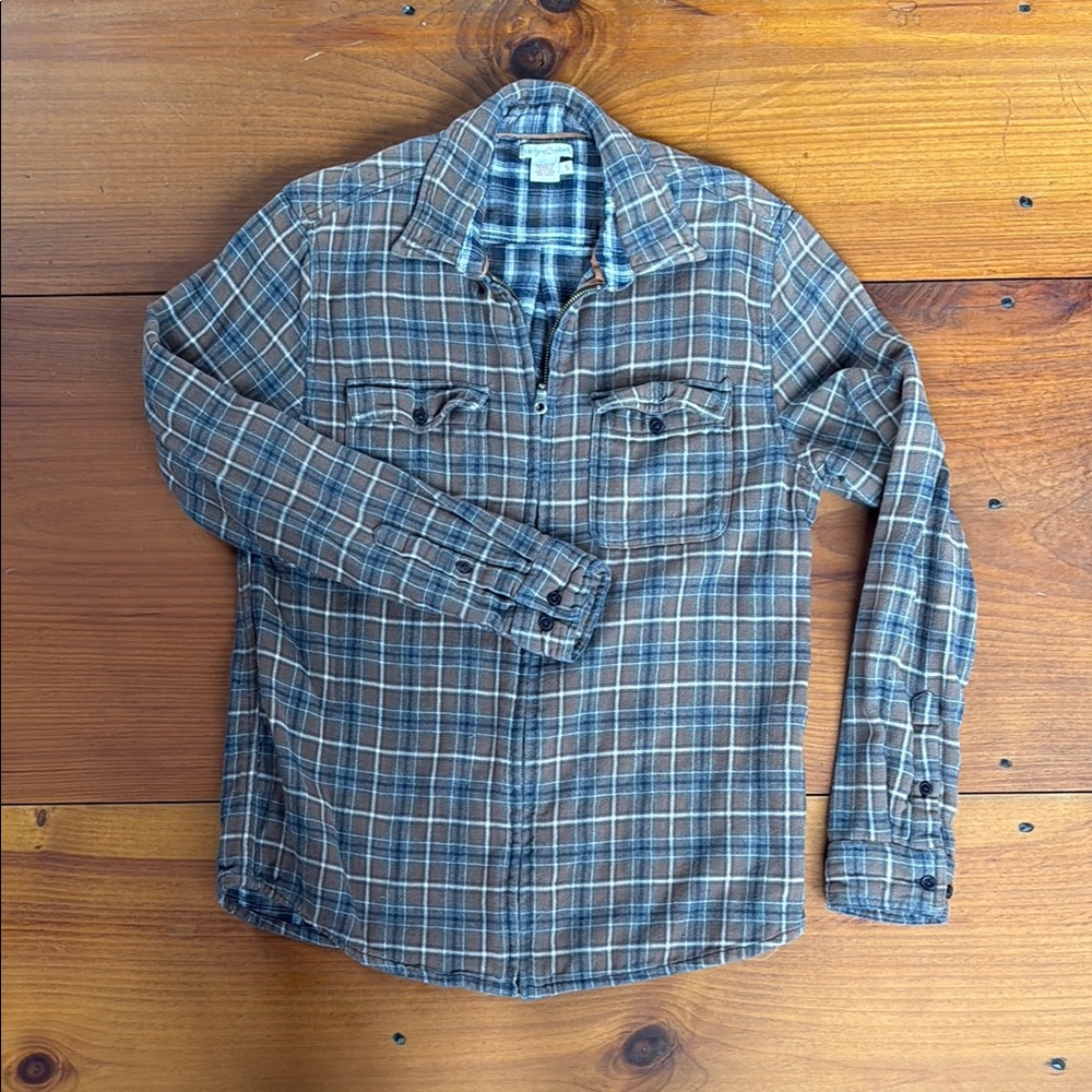 Carbon2Cobalt Brown and Blue Casual Plaid Flannel Zip Shirt - Mens S